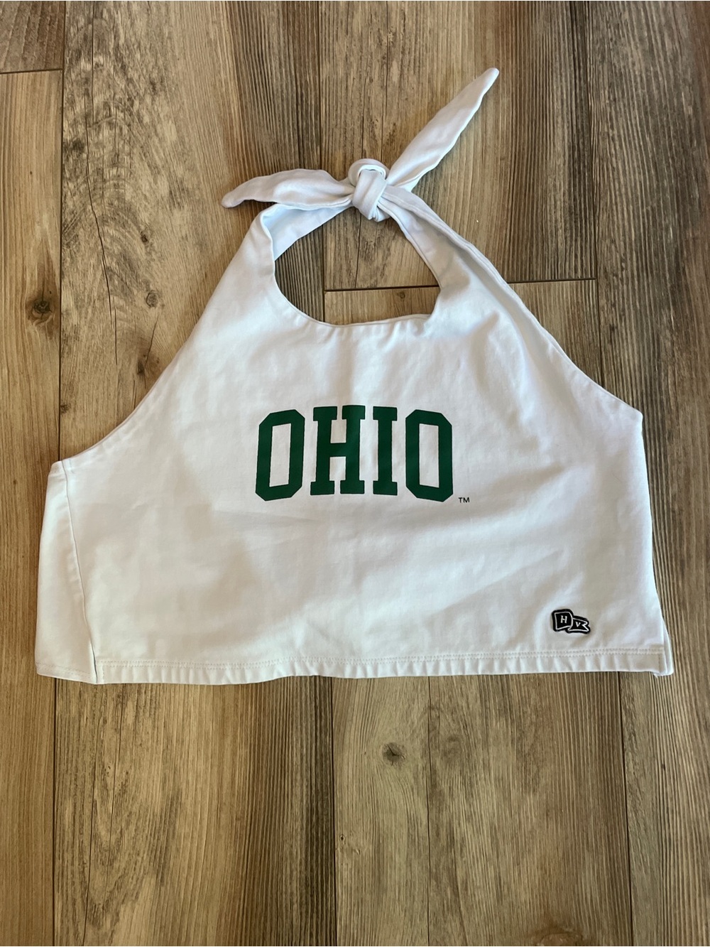White Halter Crop Top with Green "OHIO" Print